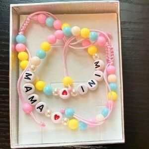 Mama and Mini‎ Matching Bead Bracelets Set, Pastel Pink Blue Yellow